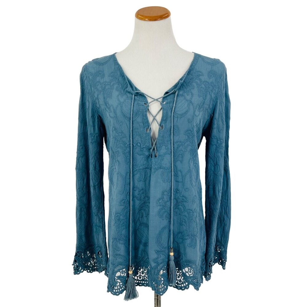 Blue Lace Up Embroidered Crochet Trim Tassel Tunic Top| Coastal Grandma Boho S/M - Picture 2 of 16